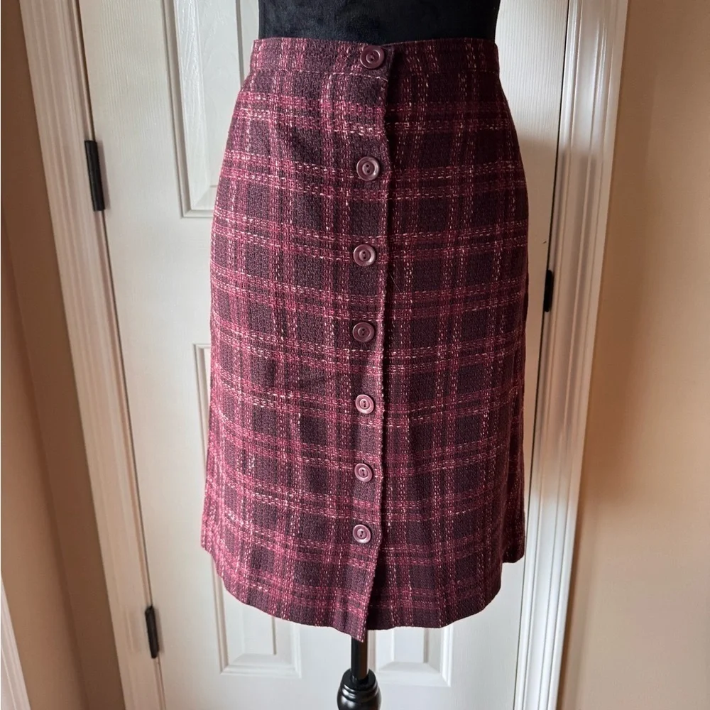 Jones Wear Plaid Tweed Button-Front Skirt